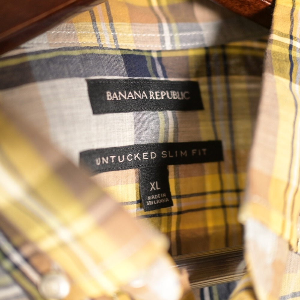 Banana Republic Mens XL Untucked Slim Yellow Plaid Button Down Shirt Long Slv - Picture 2 of 6
